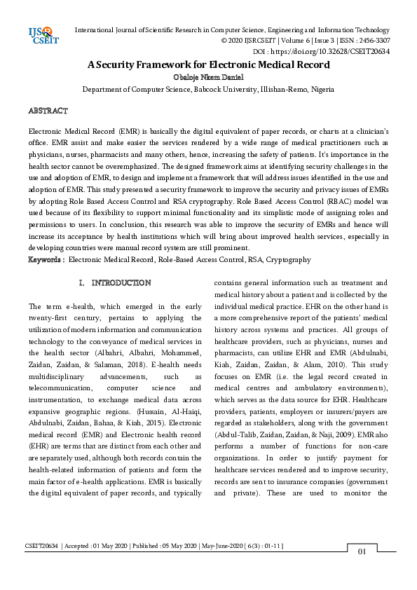 (PDF) A Security Framework for Electronic Medical Record