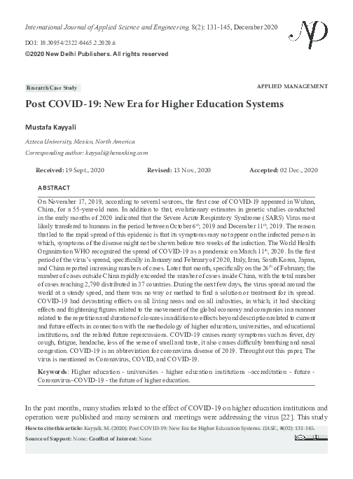 (PDF) Post COVID-19: New Era for Higher Education Systems