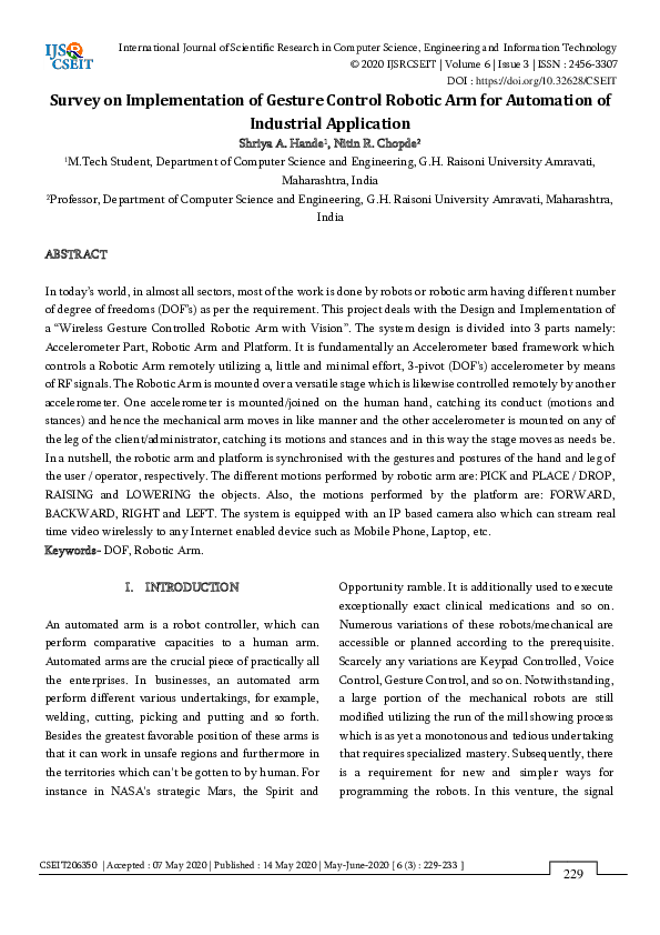 (PDF) Survey on Implementation of Gesture Control Robotic Arm for ...