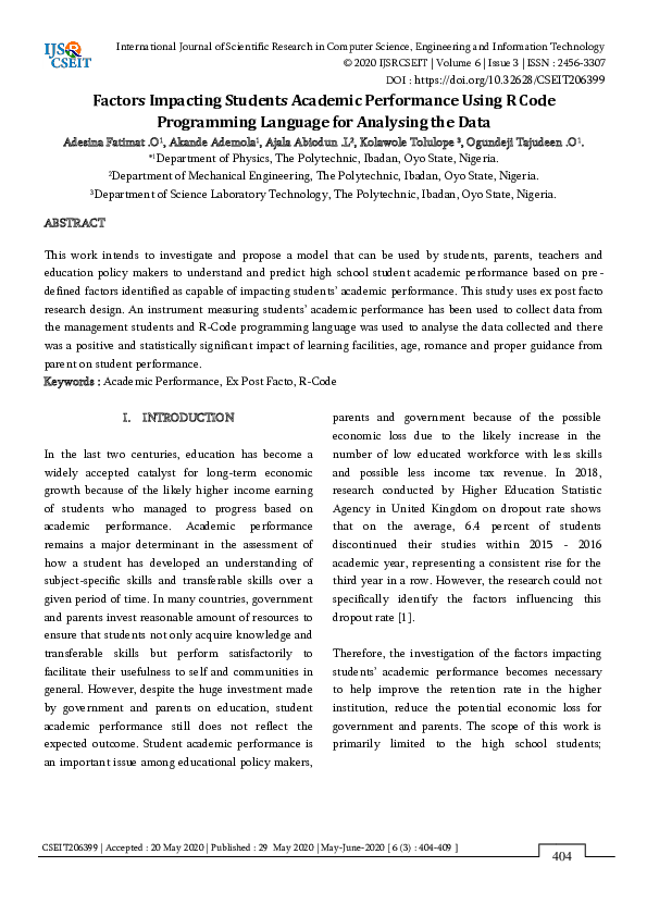 (PDF) Factors Impacting Students Academic Performance Using R Code ...