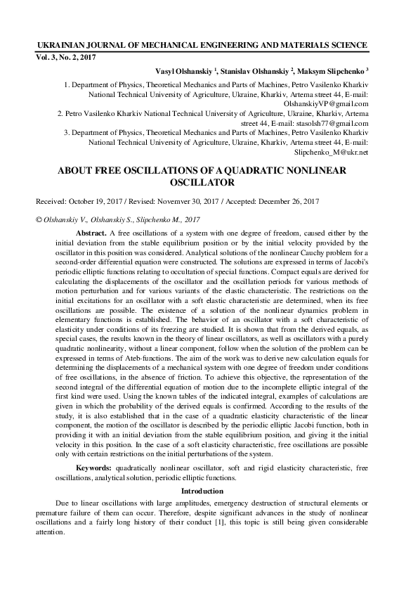(PDF) ABOUT FREE OSCILLATIONS OF A QUADRATIC NONLINEAR OSCILLATOR