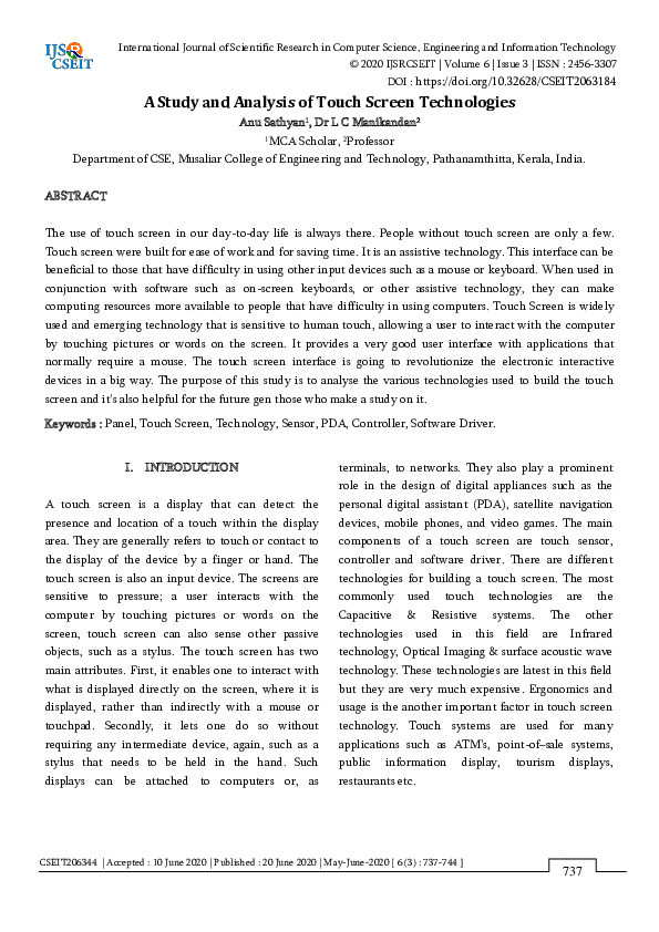 (PDF) A Study and Analysis of Touch Screen Technologies International