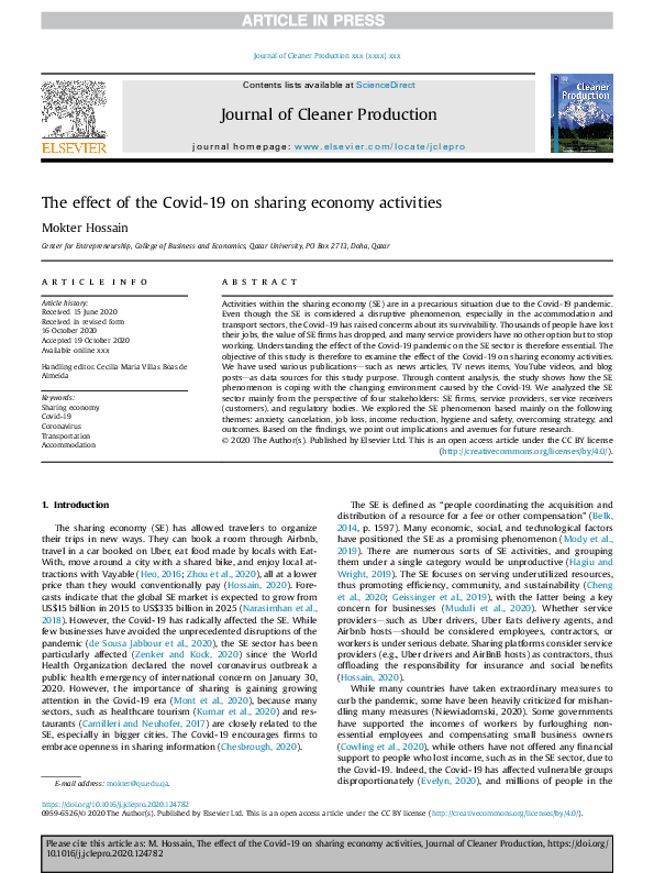 (PDF) The effect of the Covid-19 on sharing economy activities