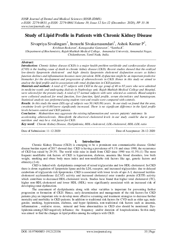 (PDF) Study of Lipid Profile in Patients with Chronic Kidney Disease