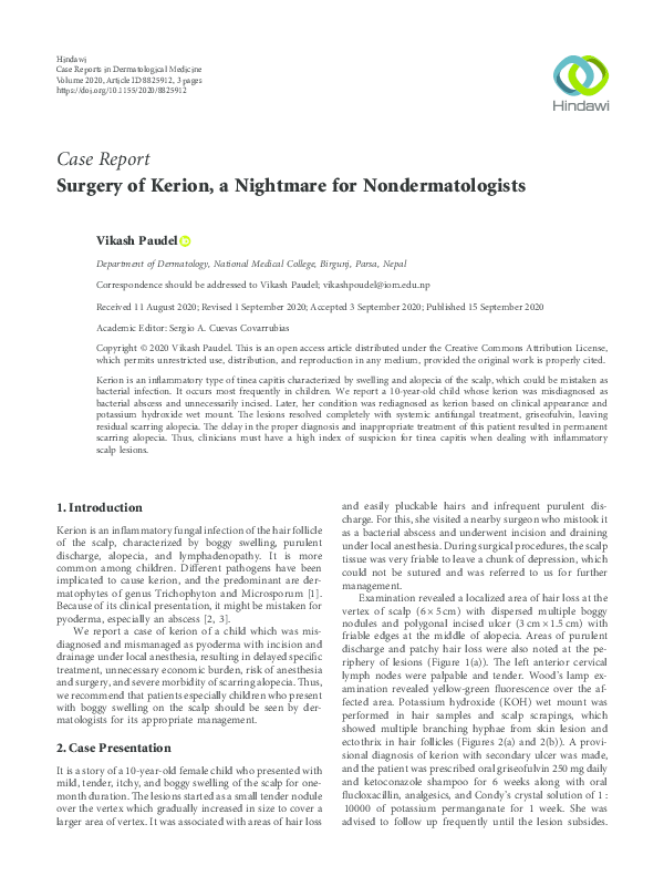 (PDF) Case Report Surgery of Kerion, a Nightmare for Nondermatologists