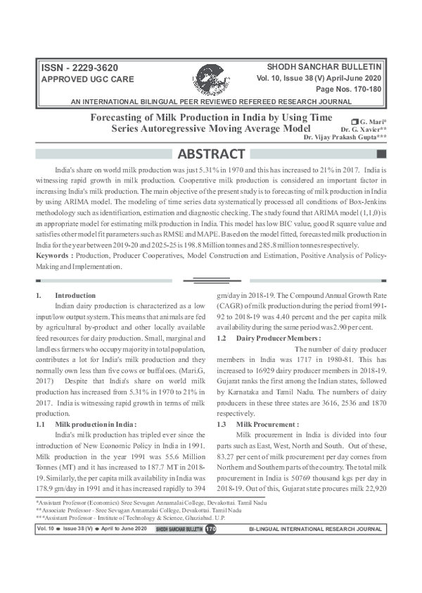 (PDF) Forecasting of Milk Production in India by Using Time Series Auto ...