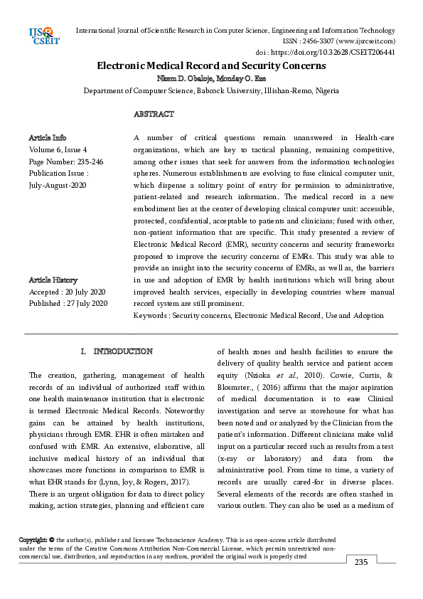 (PDF) Electronic Medical Record and Security Concerns