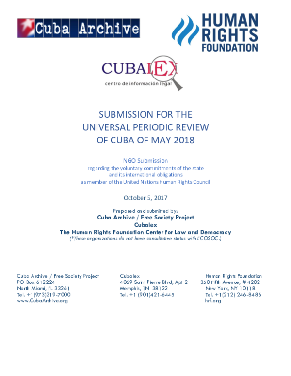 (PDF) SUBMISSION FOR THE UNIVERSAL PERIODIC REVIEW OF CUBA OF MAY 2018