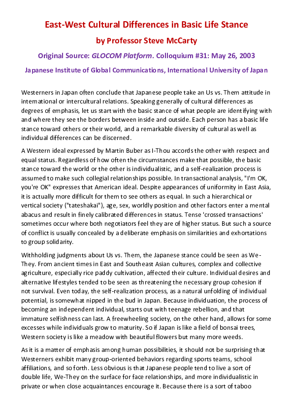 (PDF) East-West Cultural Differences in Basic Life Stance