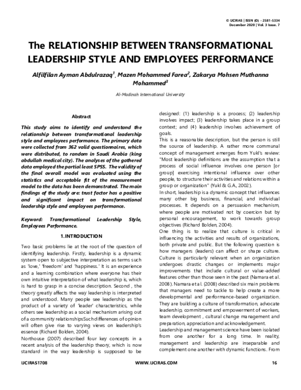 Pdf The Relationship Between Transformational Leadership Style And Pdf The Relationship Between Transformational Leadership Style And