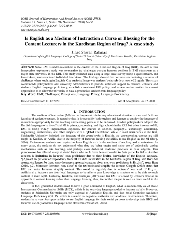 (PDF) Is English as a Medium of Instruction a Curse or Blessing for the ...