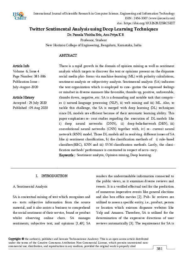 (PDF) Twitter Sentimental Analysis using Deep Learning Techniques