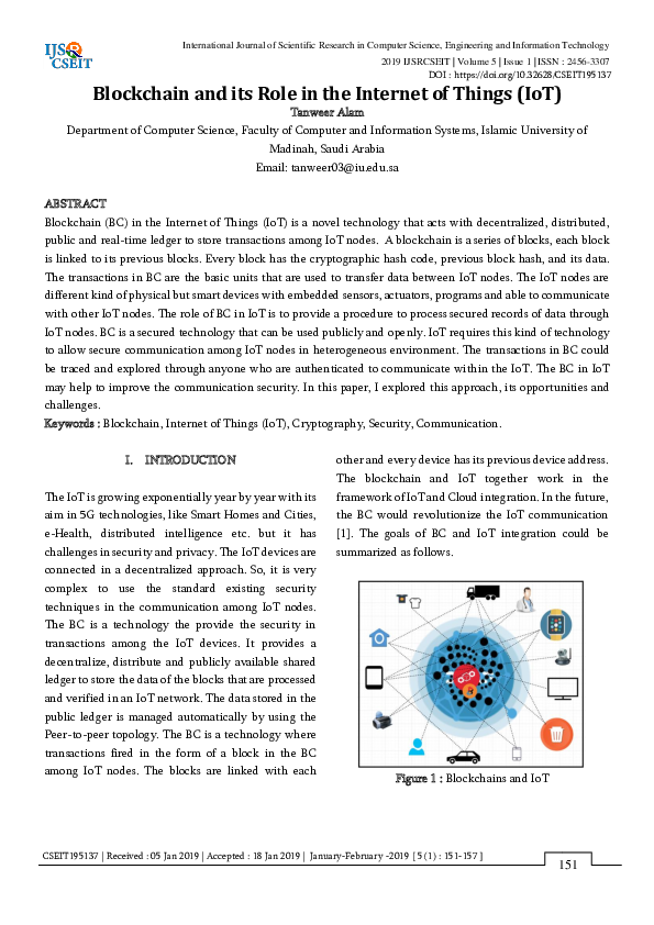 (PDF) Blockchain and its Role in the Internet of Things (IoT)