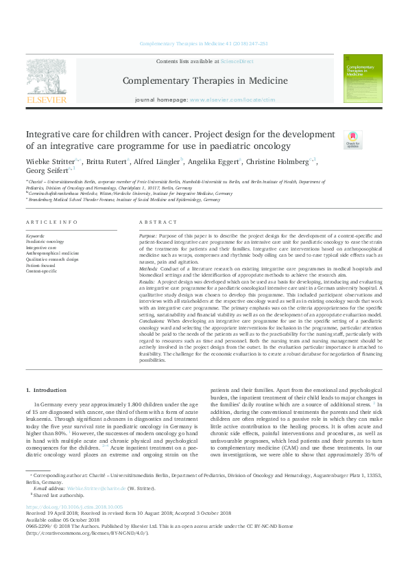 (PDF) Integrative care for children with cancer. Project design for the ...