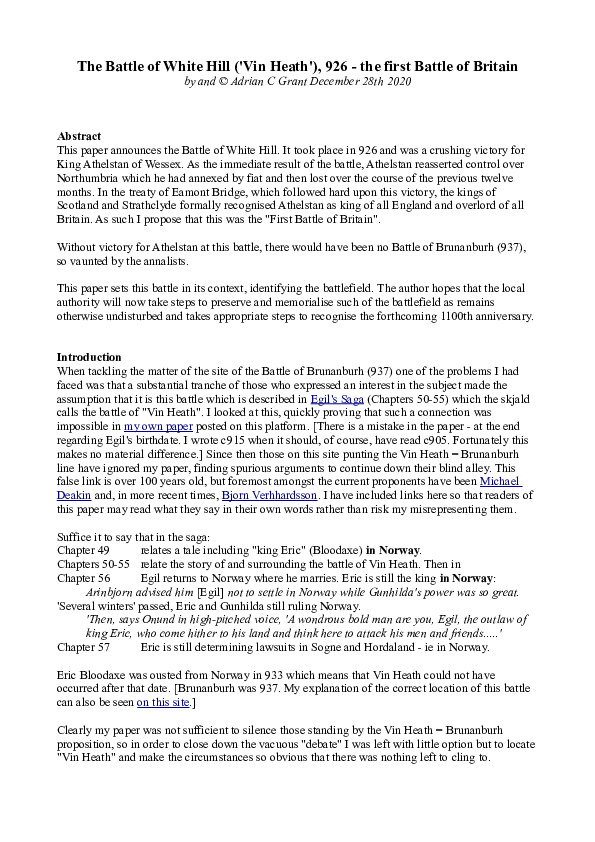 The Battle of White Hill ('Vin Heath'), 926 -the first Battle of Britain