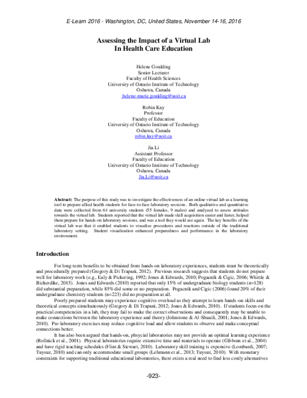 (PDF) Assessing the Impact of a Virtual Lab In Health Care Education
