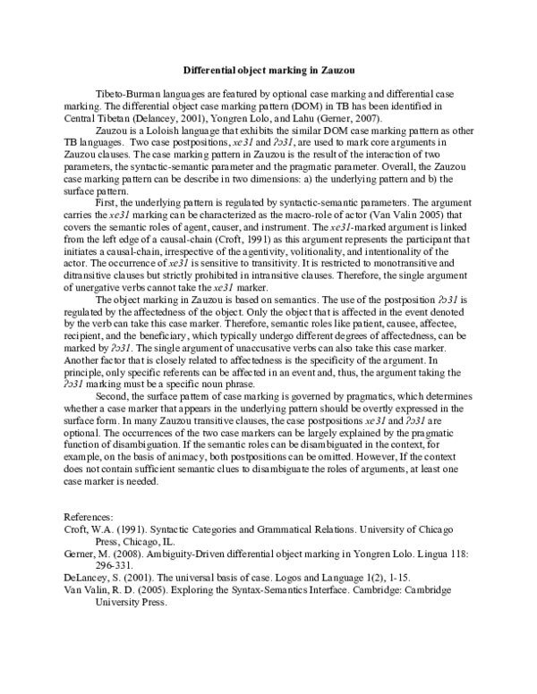 (PDF) Differential object marking in Zauzou Yu Li Academia.edu