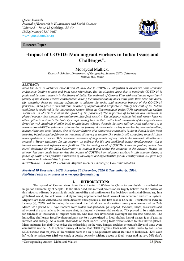 (PDF) "Impact of COVID-19 on migrant workers in India: Issues and ...