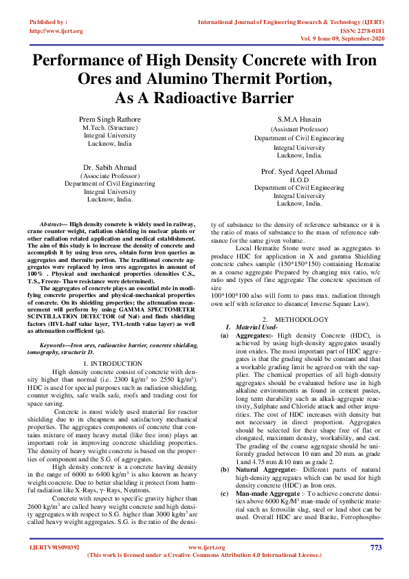 (PDF) IJERTPerformance of High Density Concrete with Iron Ores and
