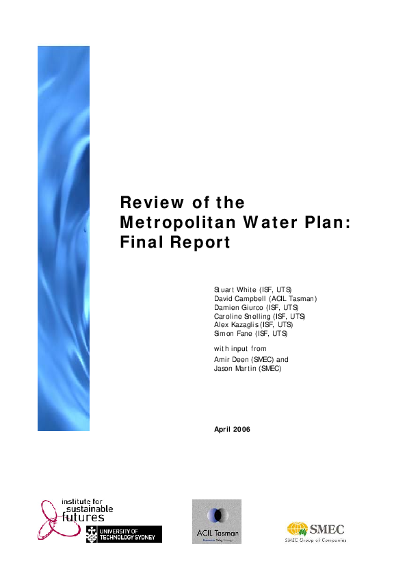 (PDF) Review of the Metropolitan Water Plan: Final Report