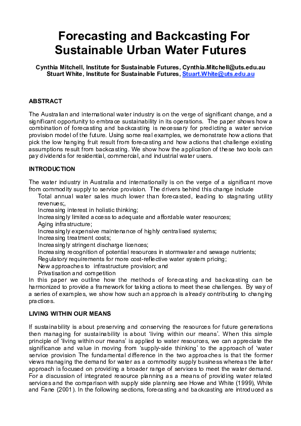 (PDF) Forecasting and backcasting for sustainable urban water futures