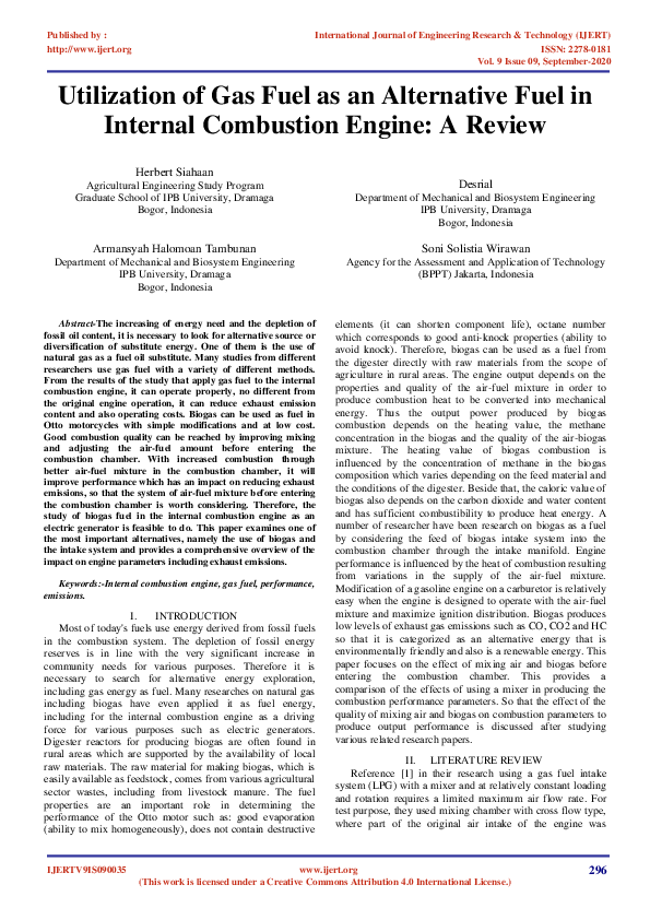 (PDF) IJERTUtilization of Gas Fuel as an Alternative Fuel in Internal