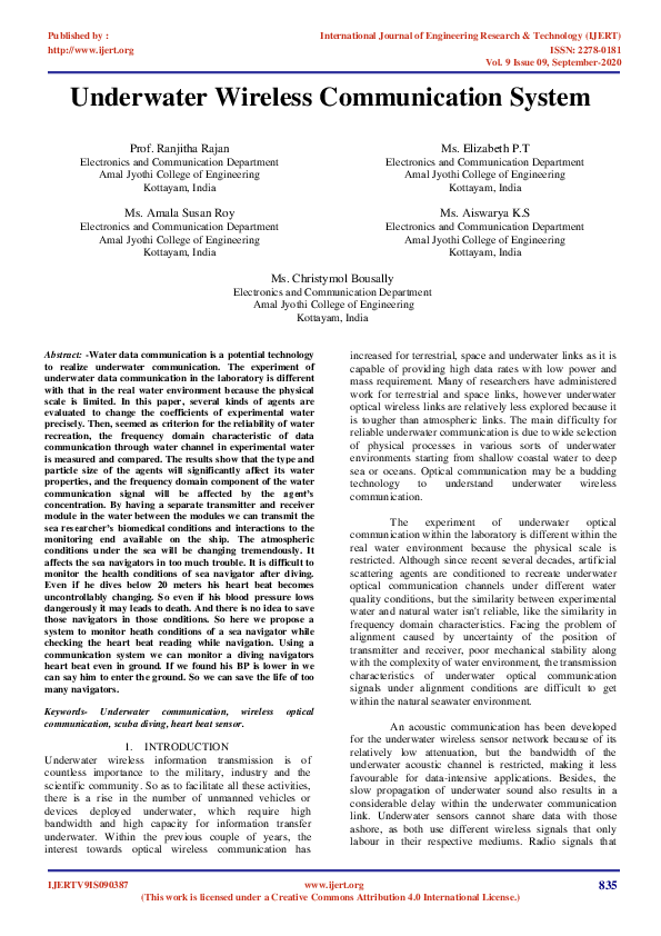 (PDF) IJERTUnderwater Wireless Communication System IJERT Journal