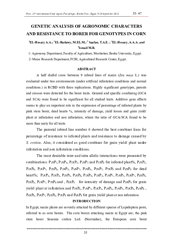 (PDF) GENETIC ANALYSIS OF AGRONOMIC CHARACTERS AND RESISTANCE TO BORER ...
