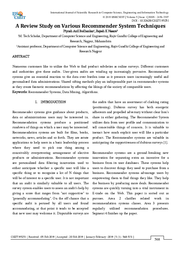 (PDF) A Review Study on Various Recommender System Techniques