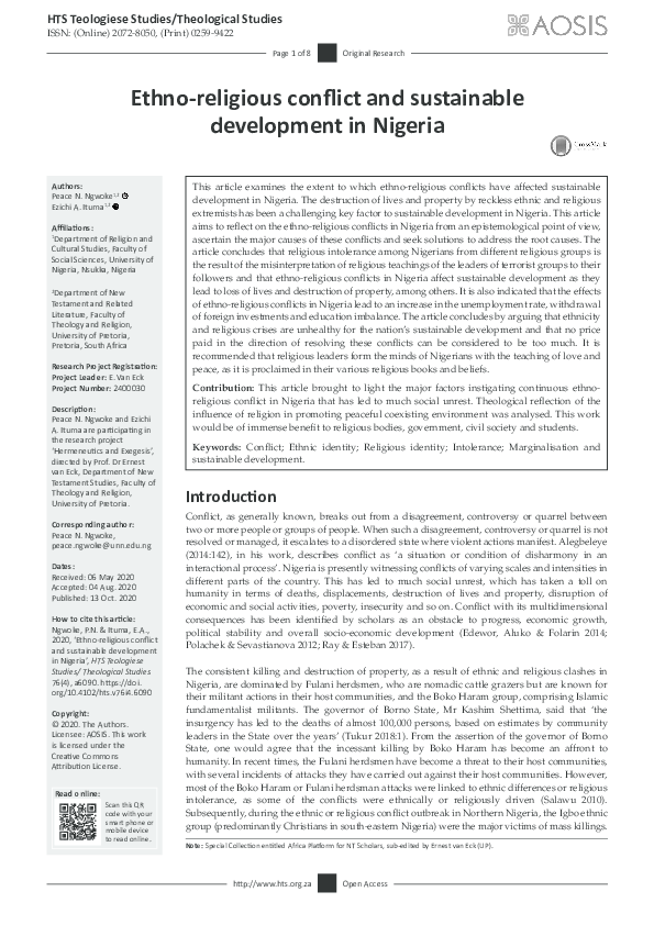 (PDF) Ethno religious conflict and sustainable development in Nigeria