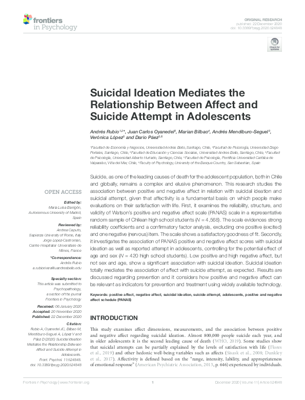 (PDF) Suicidal Ideation Mediates the Relationship Between Affect and ...