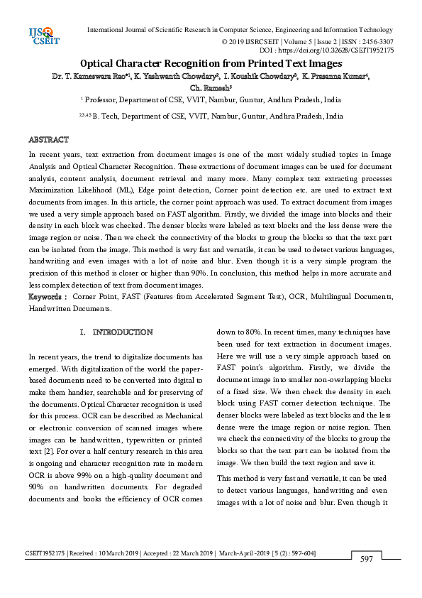 (PDF) Optical Character Recognition from Printed Text Images