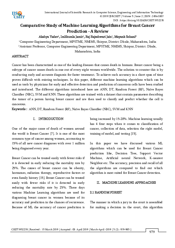 (PDF) Comparative Study of Machine Learning Algorithms for Breast ...