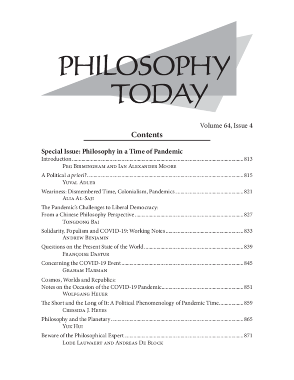 (PDF) TOC Fall 2020 Special Issue: Philosophy in a Time of Pandemic