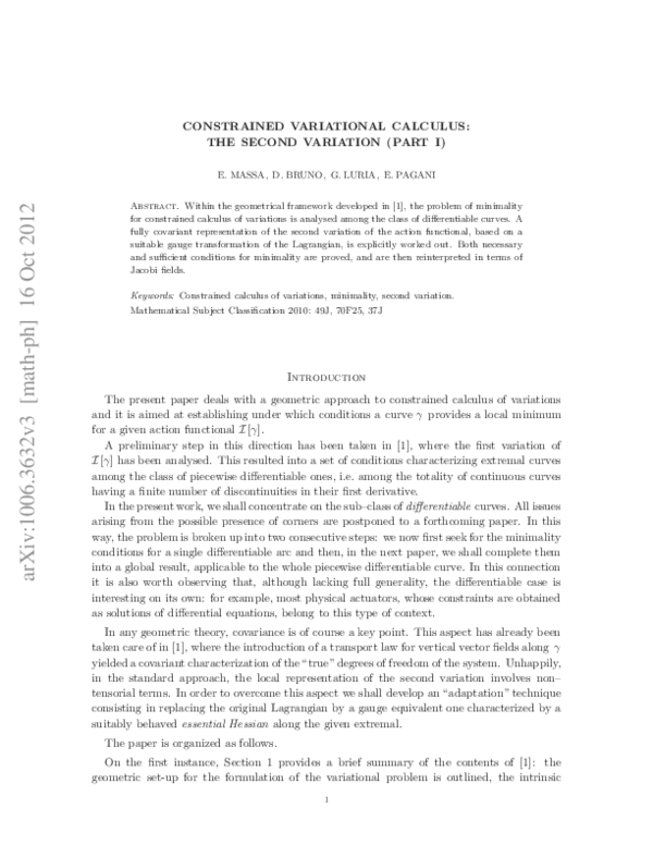 (PDF) Constrained variational calculus: the second variation (part I)