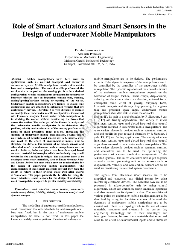 (PDF) IJERTRole of Smart Actuators and Smart Sensors in the Design of underwater Mobile