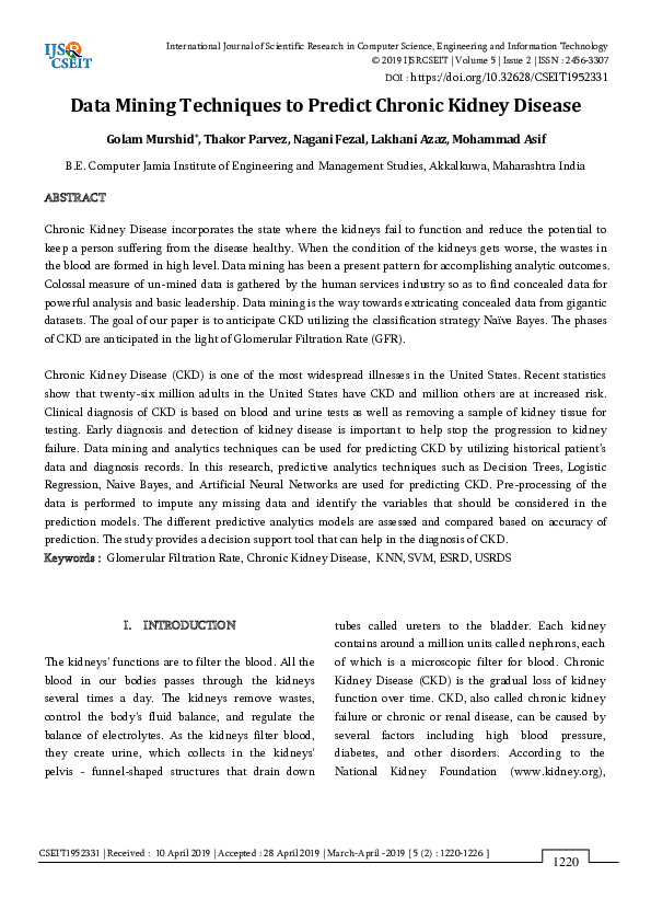 (PDF) Data Mining Techniques to Predict Chronic Kidney Disease