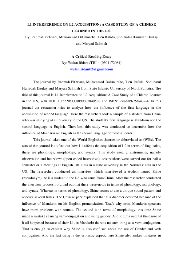 (PDF) CRITICAL READING ESSAY "L1 INTERFERENCE ON L2 ACQUISITION: A CASE ...