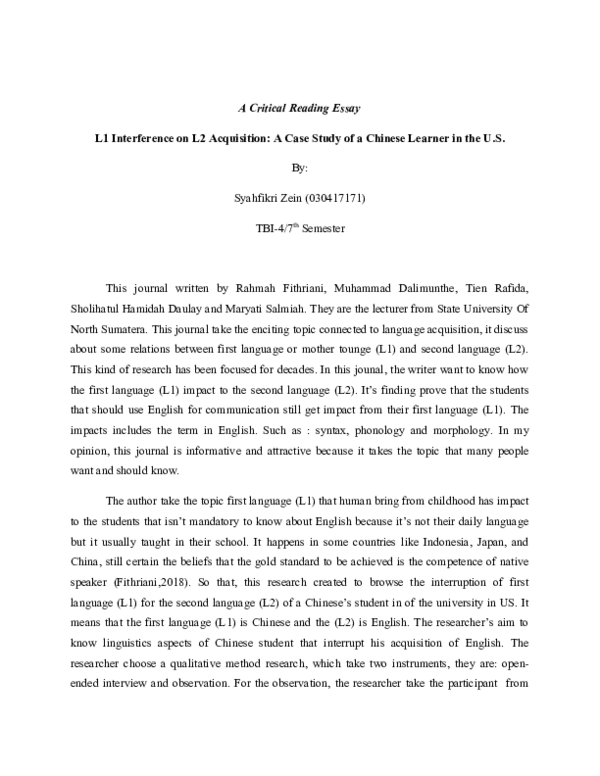 (DOC) A Critical Reading Essay L1 Interference on L2 Acquisition: A ...