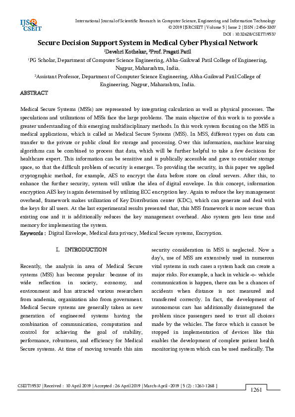 (PDF) Secure Decision Support System in Medical Cyber Physical Network
