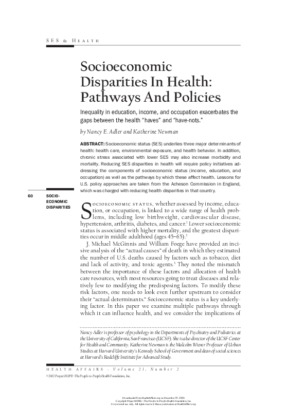(PDF) Adler, N., E., & Newman, K. (2002). Socioeconomic Disparities in ...