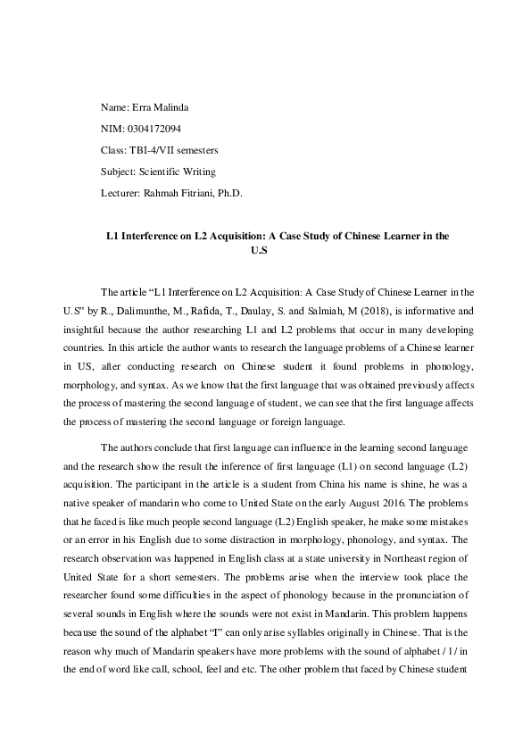 (PDF) L1 Interference on L2 Acquisition: A Case Study of Chinese ...