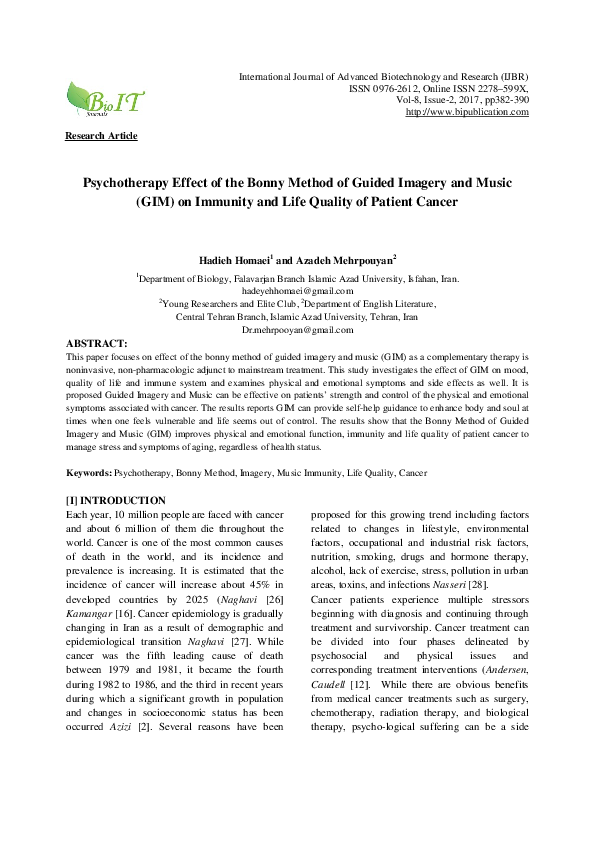 (PDF) Psychotherapy Effect of the Bonny Method of Guided Imagery and Music (GIM) on Life Quality
