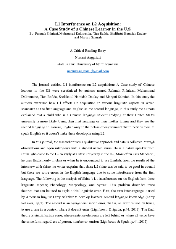 (DOC) L1 Interference on L2 Acquisition: A Case Study of a Chinese ...