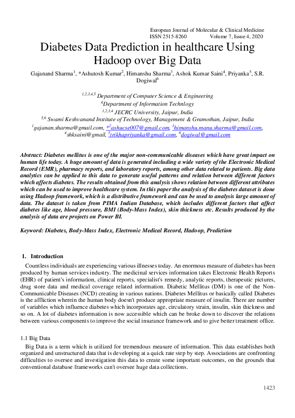 (PDF) Diabetes Data Prediction in healthcare Using Hadoop over Big Data