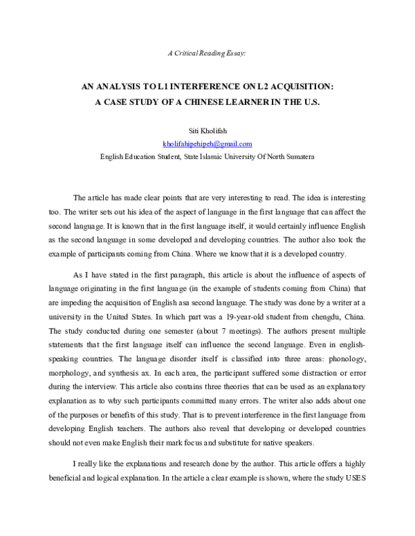 (DOC) AN ANALYSIS TO L1 INTERFERENCE ON L2 ACQUISITION: A CASE STUDY OF ...