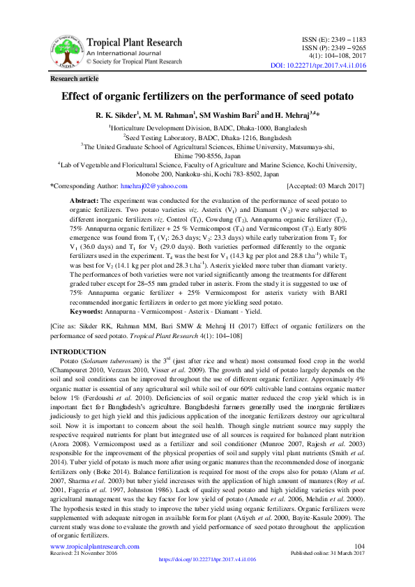 (PDF) Effect of organic fertilizers on the performance of seed potato
