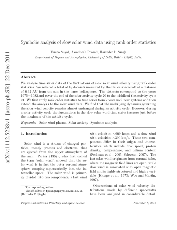 (PDF) Symbolic analysis of slow solar wind data using rank order statistics