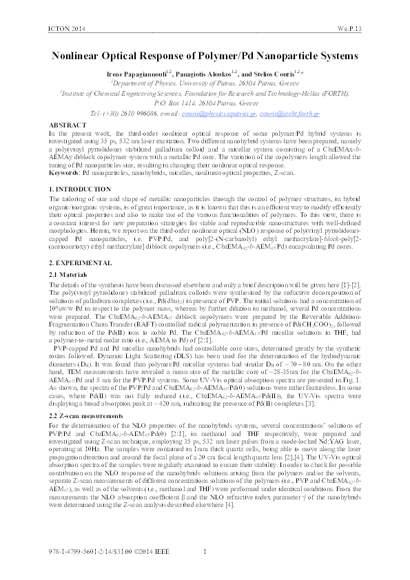 (PDF) Nonlinear optical response of polymer/Pd nanoparticle systems