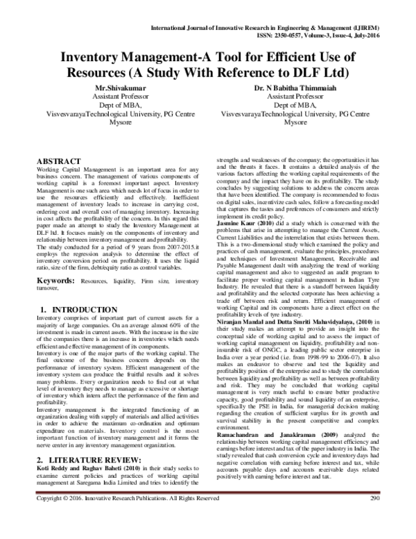(PDF) Inventory Management-A Tool for Efficient Use of Resources (A ...
